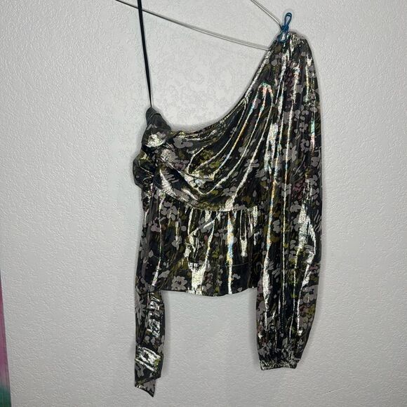 New GANNI One Shoulder Metallic Silk Top US 4/ Small - Picture 2 of 14